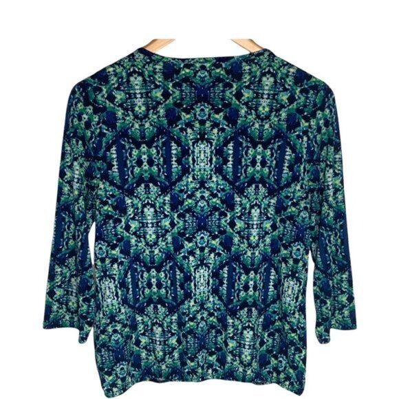 Chicos Blue Green Print Blouse Small Long Sleeve Stretch Work Top - Picture 5 of 12